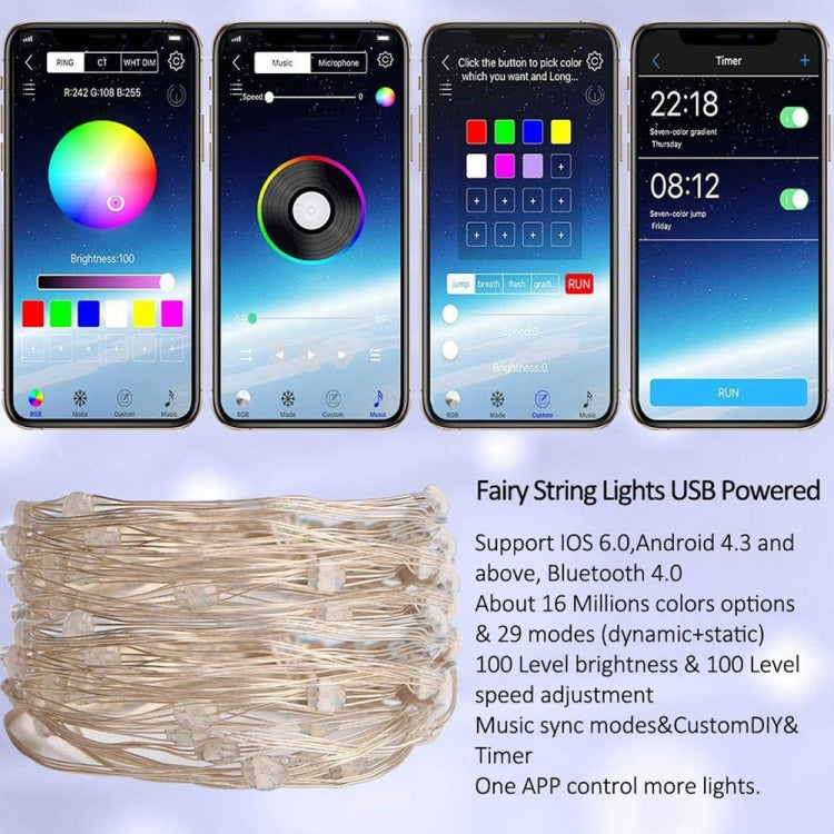 RGB USB LED Copper Wire Light String Holiday Decoration Light String Bluetooth Mobile APP Control, 2m 20 LED, 5m 50 LED, 10m 100 LED, 12m 120 LED, 15m 150 LED, 20m 200 LED
