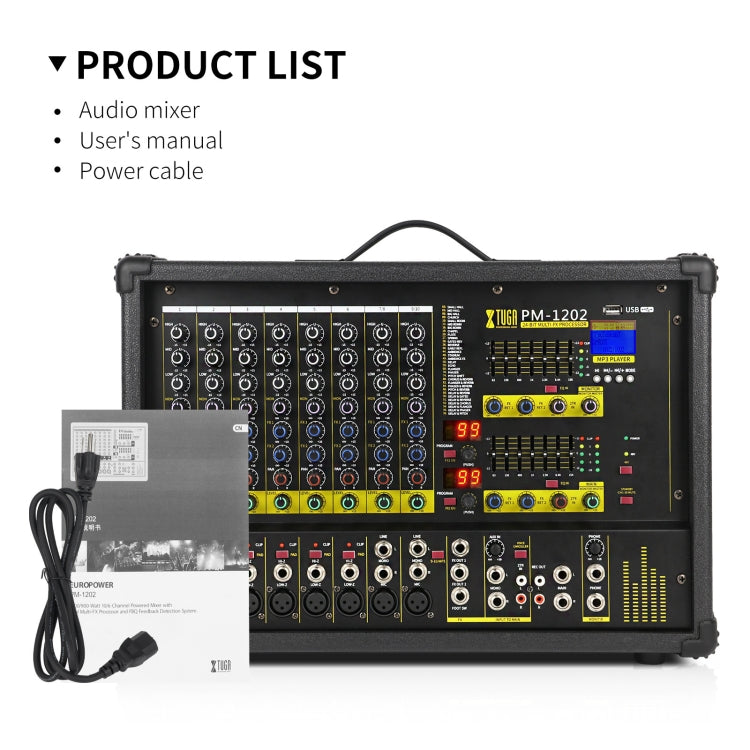 XTUGA PM1202 900W 10 Channel Stage Power Mixer 24Bit Multil-FX Processor Dual 99 DSP Effect DJ Amplifier, PM1202