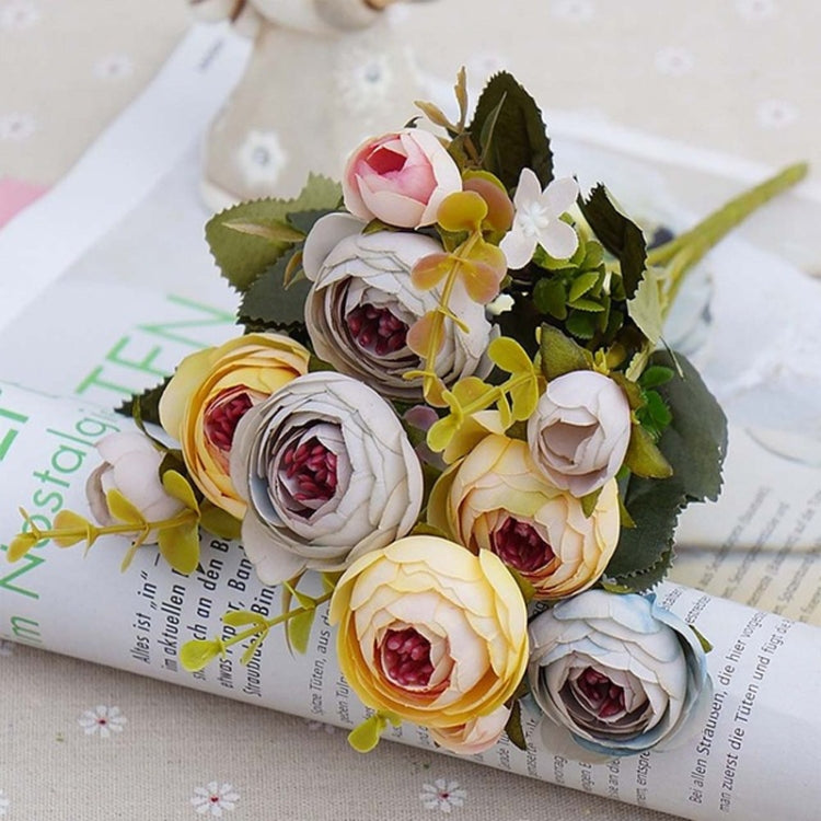 1 Bundle Retro Tea Roses Bride Bouquet Artificial Flowers, White, Light Pink, Red, Yellow, Gray Blue, Dark Pink, Light Purple