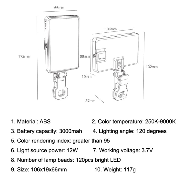 ST-120C Mobile Phone Tablet Clip Fill Light Selfie Live Camera Portable Camera Lighting, ST-120C