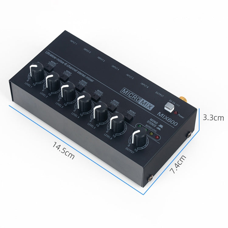 Ultra-Compact Low-Noise 6 Channel Stereo Audio Mixer, US Plug, MIX600