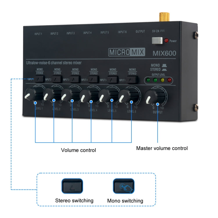 Ultra-Compact Low-Noise 6 Channel Stereo Audio Mixer, US Plug, MIX600