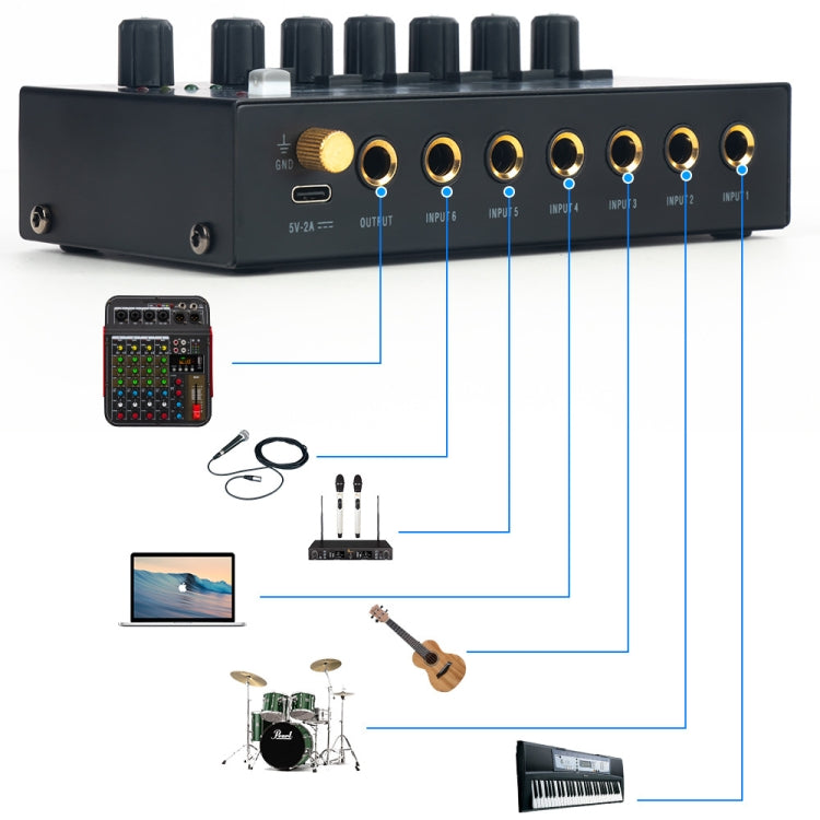 Ultra-Compact Low-Noise 6 Channel Stereo Audio Mixer, US Plug, MIX600