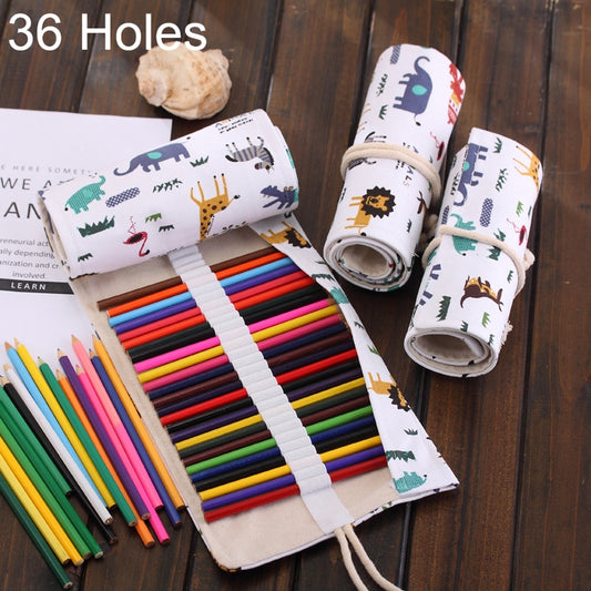36 Slots Cartoon Animal Print Pen Bag Canvas Pencil Wrap Curtain Roll Up Pencil Case Stationery Pouch, 36 Slots