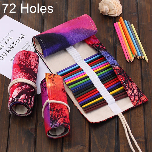 72 Slots Sunset Tree Print Pen Bag Canvas Pencil Wrap Curtain Roll Up Pencil Case Stationery Pouch, 72 Slots