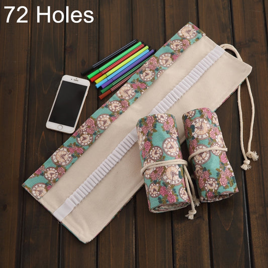 72 Slots Rose Clock Print Pen Bag Canvas Pencil Wrap Curtain Roll Up Pencil Case Stationery Pouch, 72 Slots