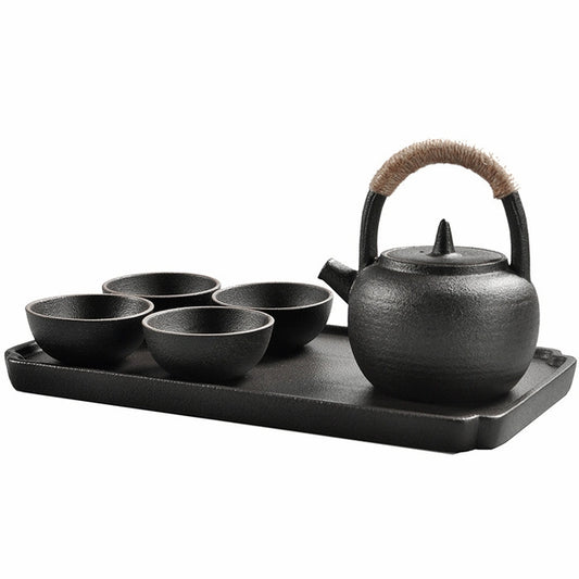 Portable Travel Ceramics Loop Handle Pot Teapot Teacup Set with Tea Tray, with Tea Tray (Black)