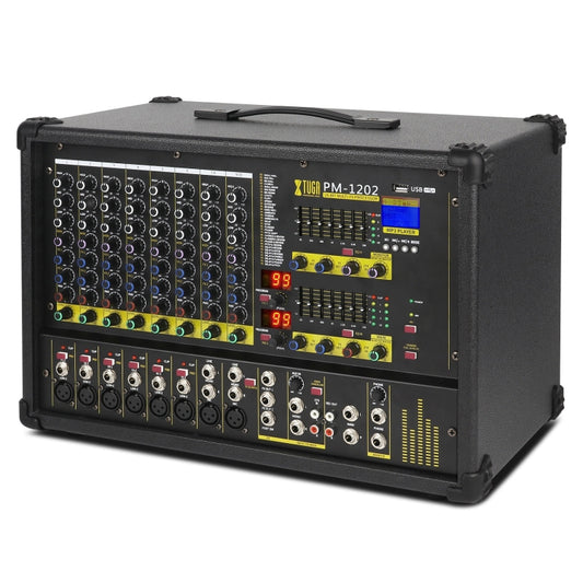 XTUGA PM1202 900W 10 Channel Stage Power Mixer 24Bit Multil-FX Processor Dual 99 DSP Effect DJ Amplifier, PM1202
